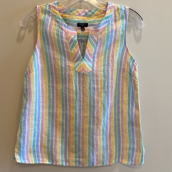 Talbots Linen crew split neck sleeveless pink blue green rainbow stripe tank P - Picture 1 of 7